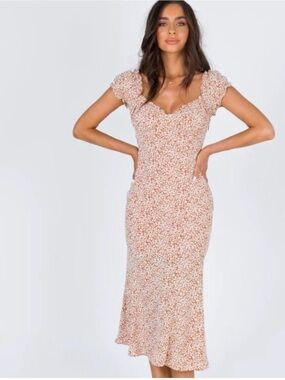 Princess Polly Sweetheart Neck Puff-Sleeve Midi Dress in Beige Floral